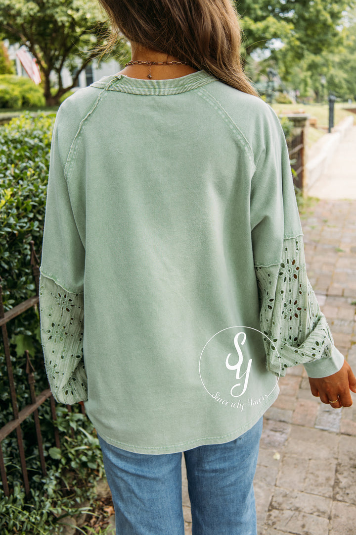 Flowers In Lace Top - Apple Green