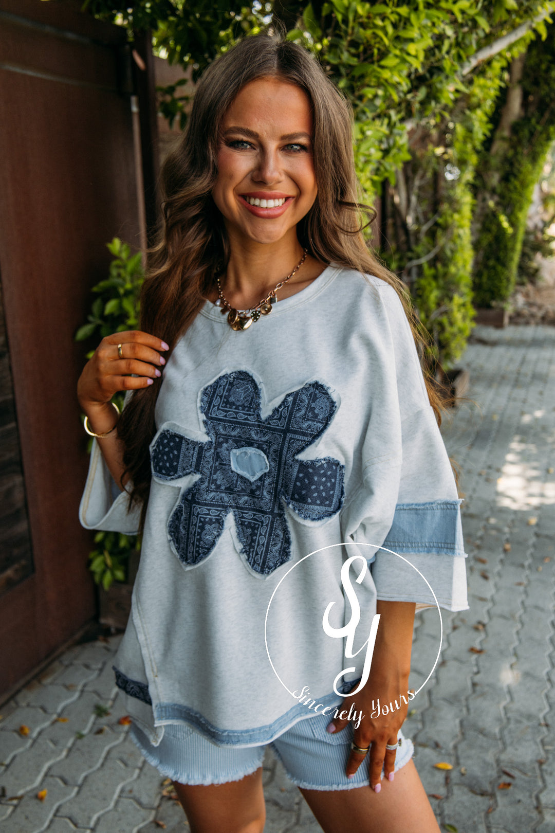 Denim Floral Flower Top - Lt Heather Grey
