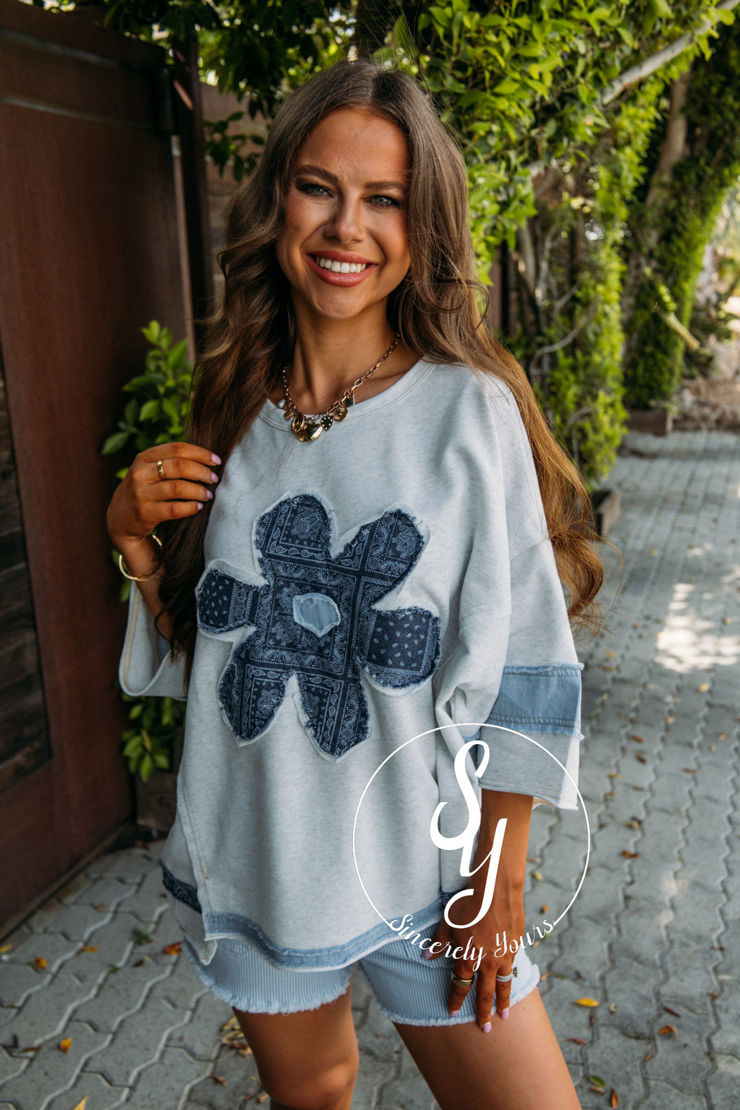 Denim Floral Flower Top - Lt Heather Grey