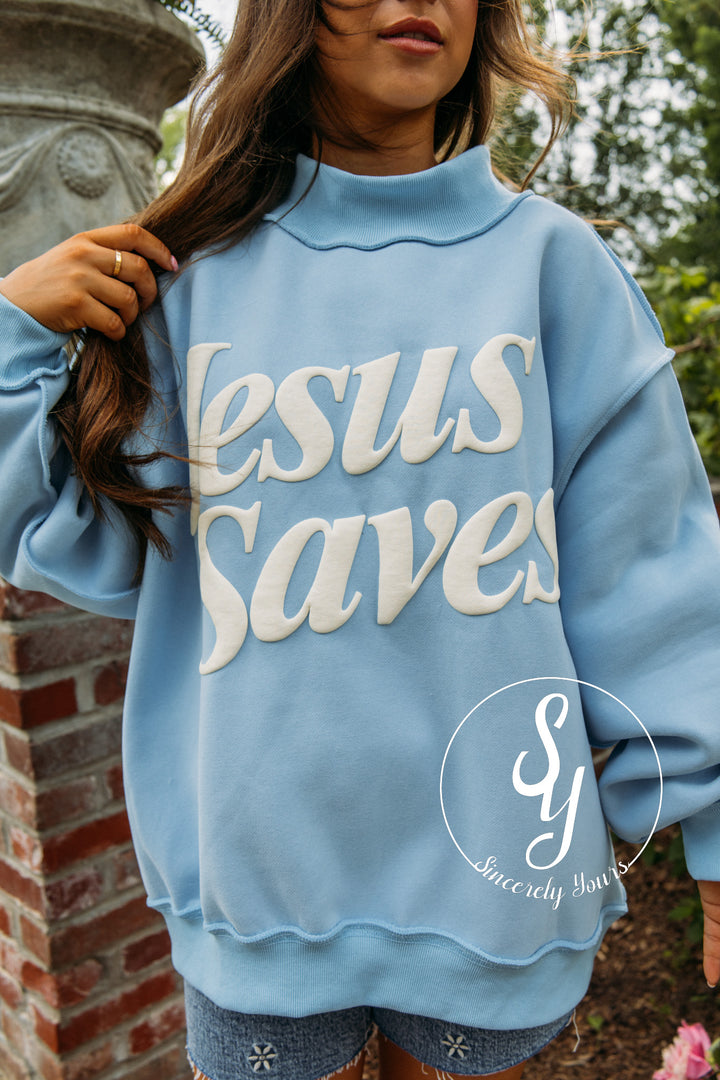 Jesus Saves Mock Neck - Baby Blue