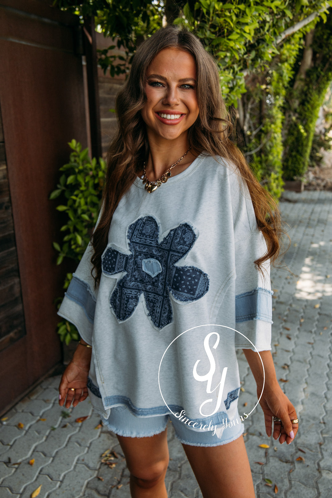Denim Floral Flower Top - Lt Heather Grey