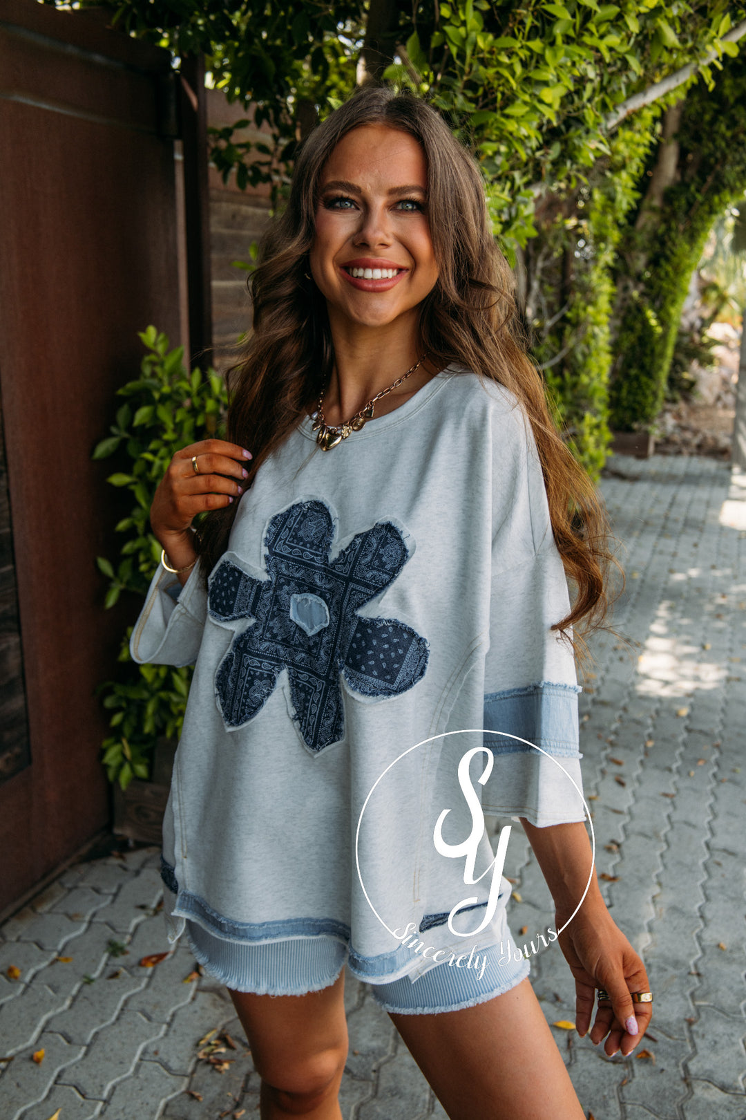 Denim Floral Flower Top - Lt Heather Grey