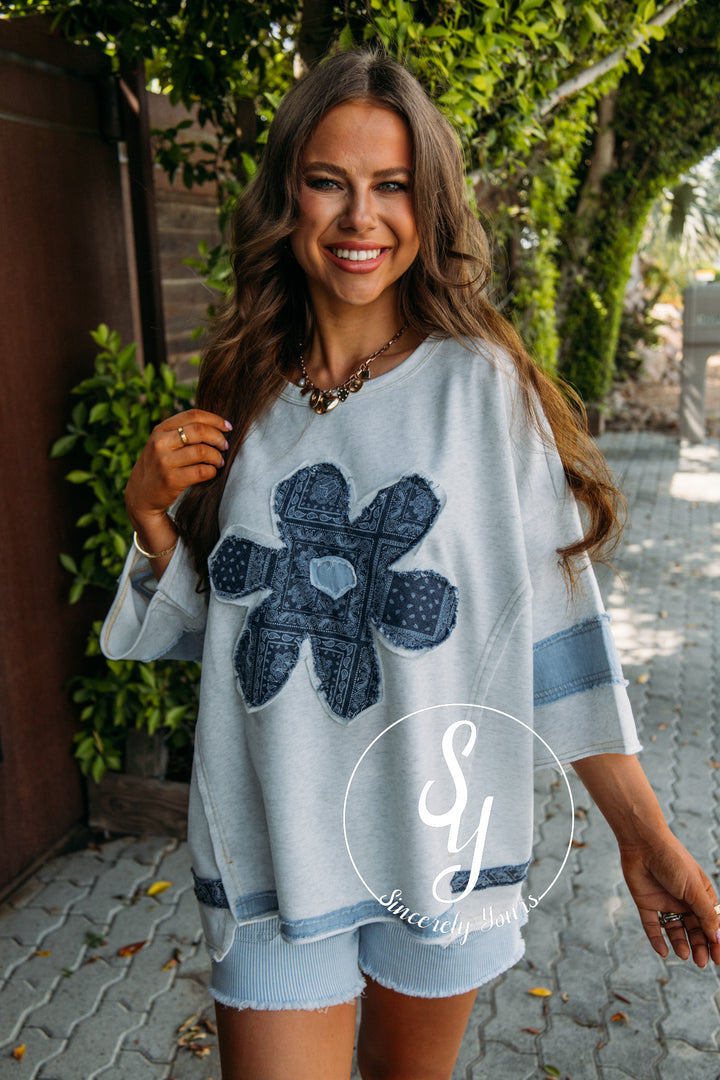 Denim Floral Flower Top - Lt Heather Grey
