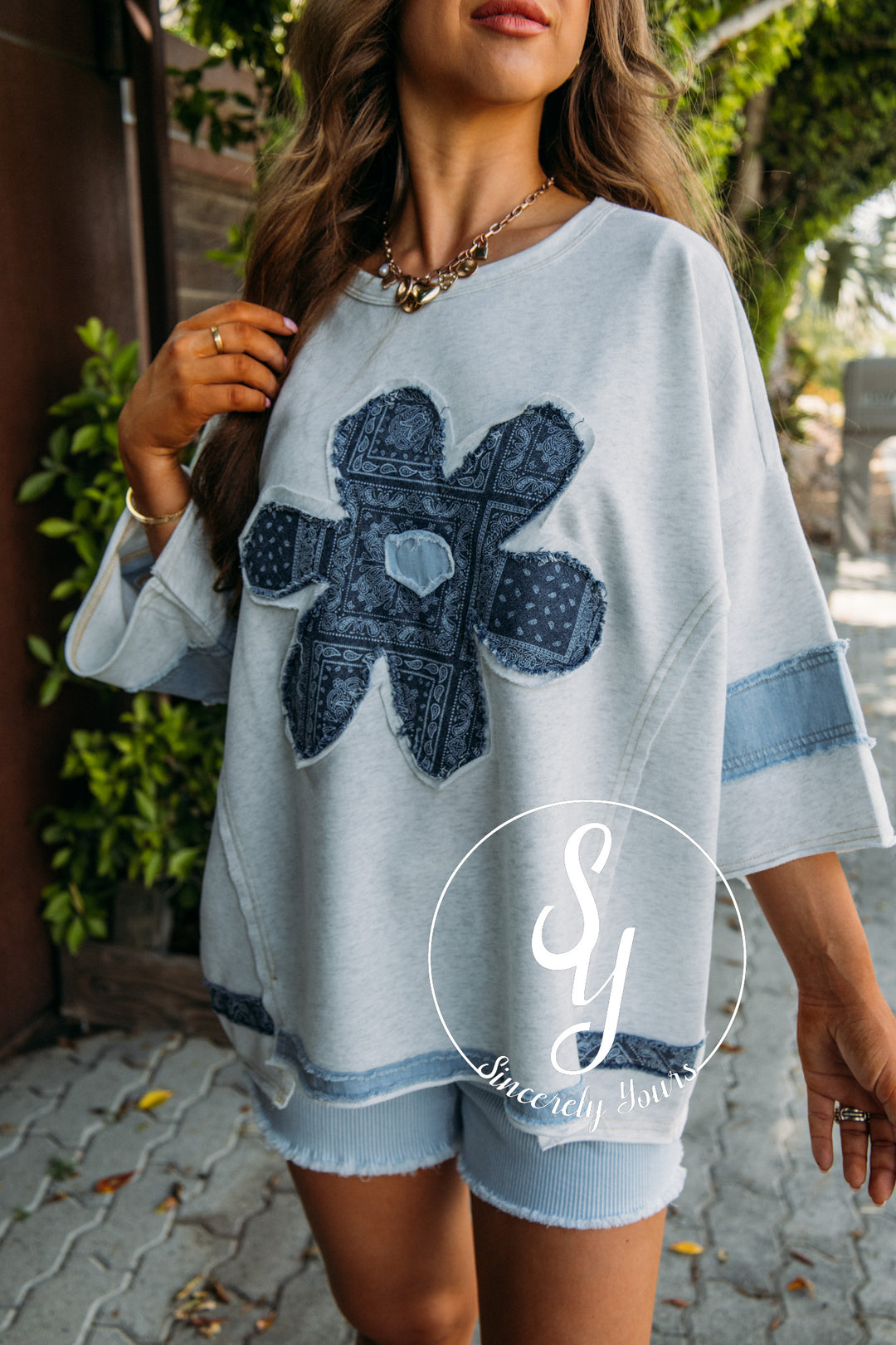 Denim Floral Flower Top - Lt Heather Grey