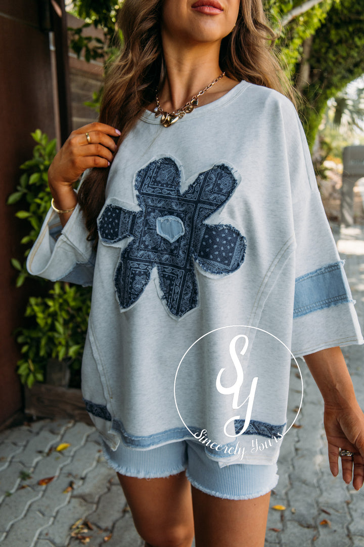 Denim Floral Flower Top - Lt Heather Grey