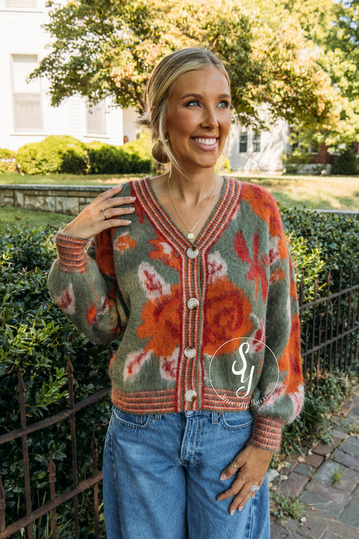 Vintage Flower Cardigan - Olive Combo