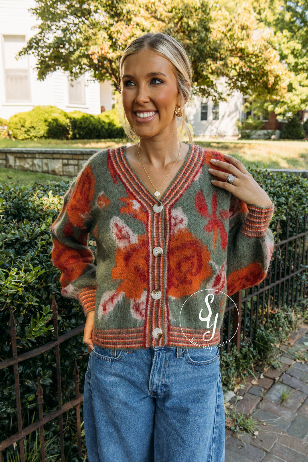 Vintage Flower Cardigan - Olive Combo