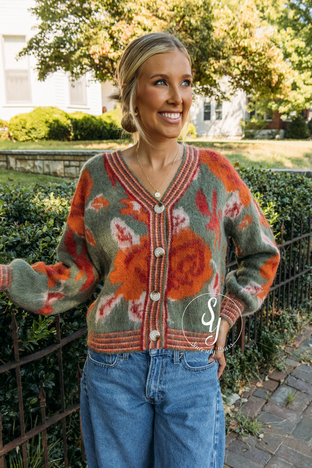 Vintage Flower Cardigan - Olive Combo