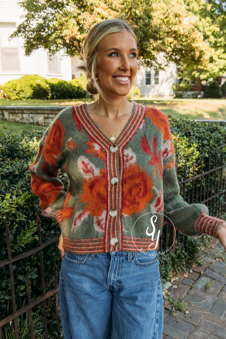 Vintage Flower Cardigan - Olive Combo