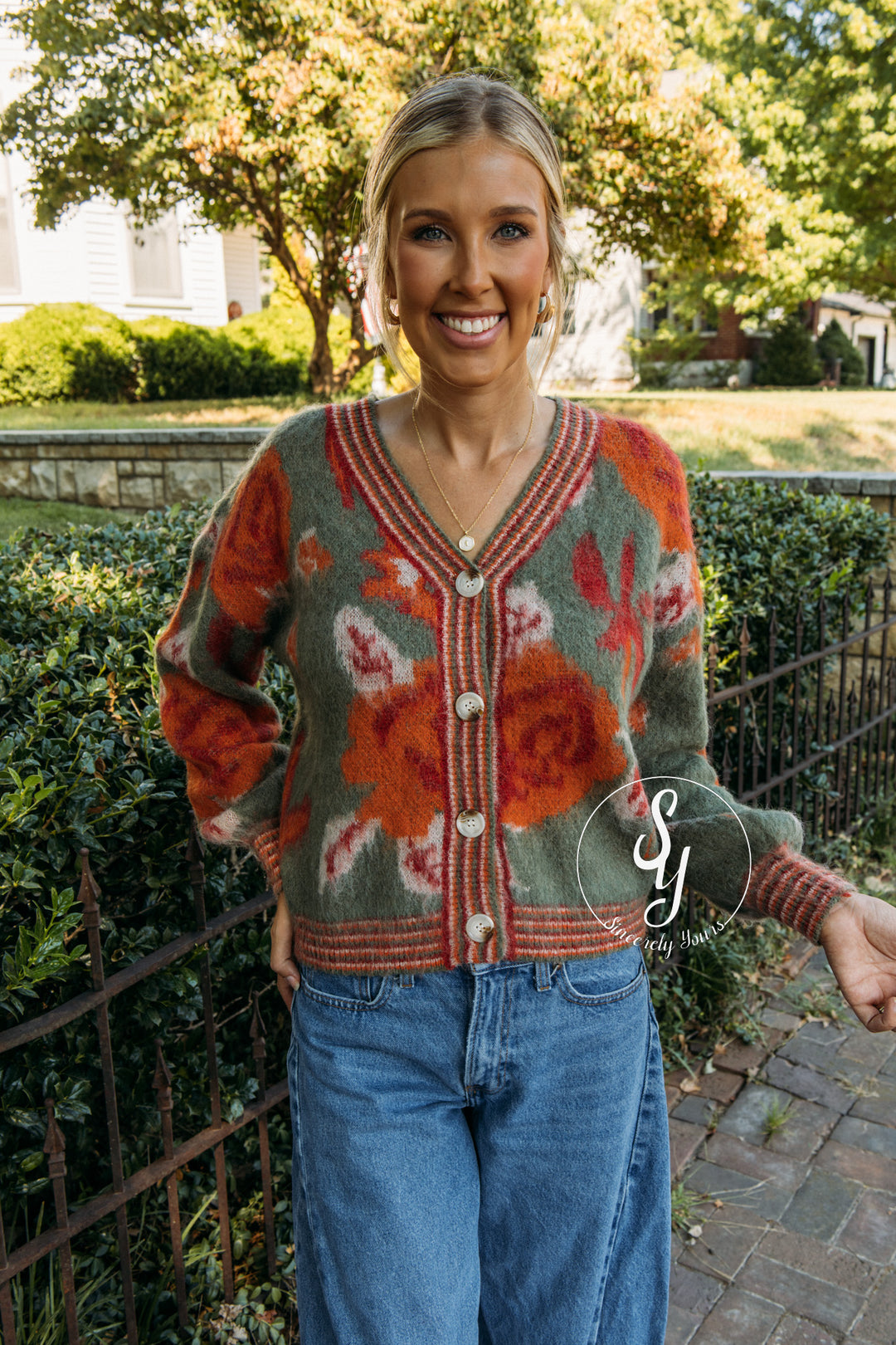 Vintage Flower Cardigan - Olive Combo