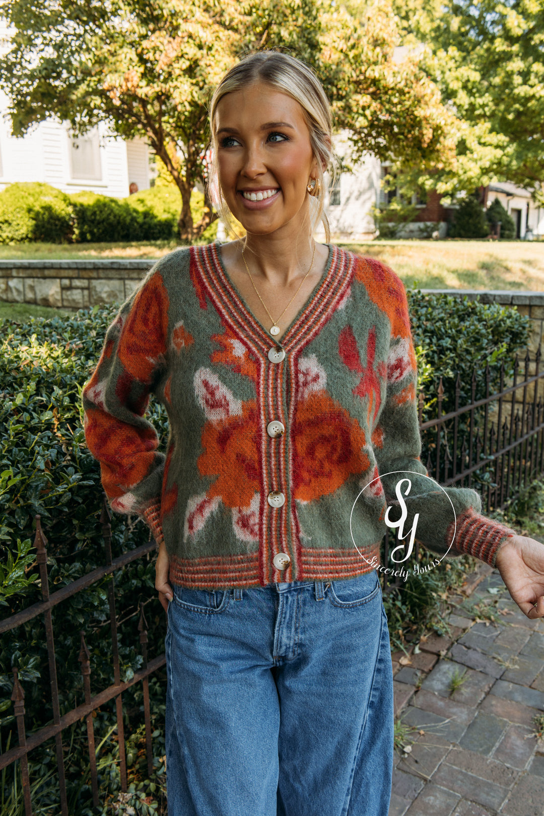 Vintage Flower Cardigan - Olive Combo