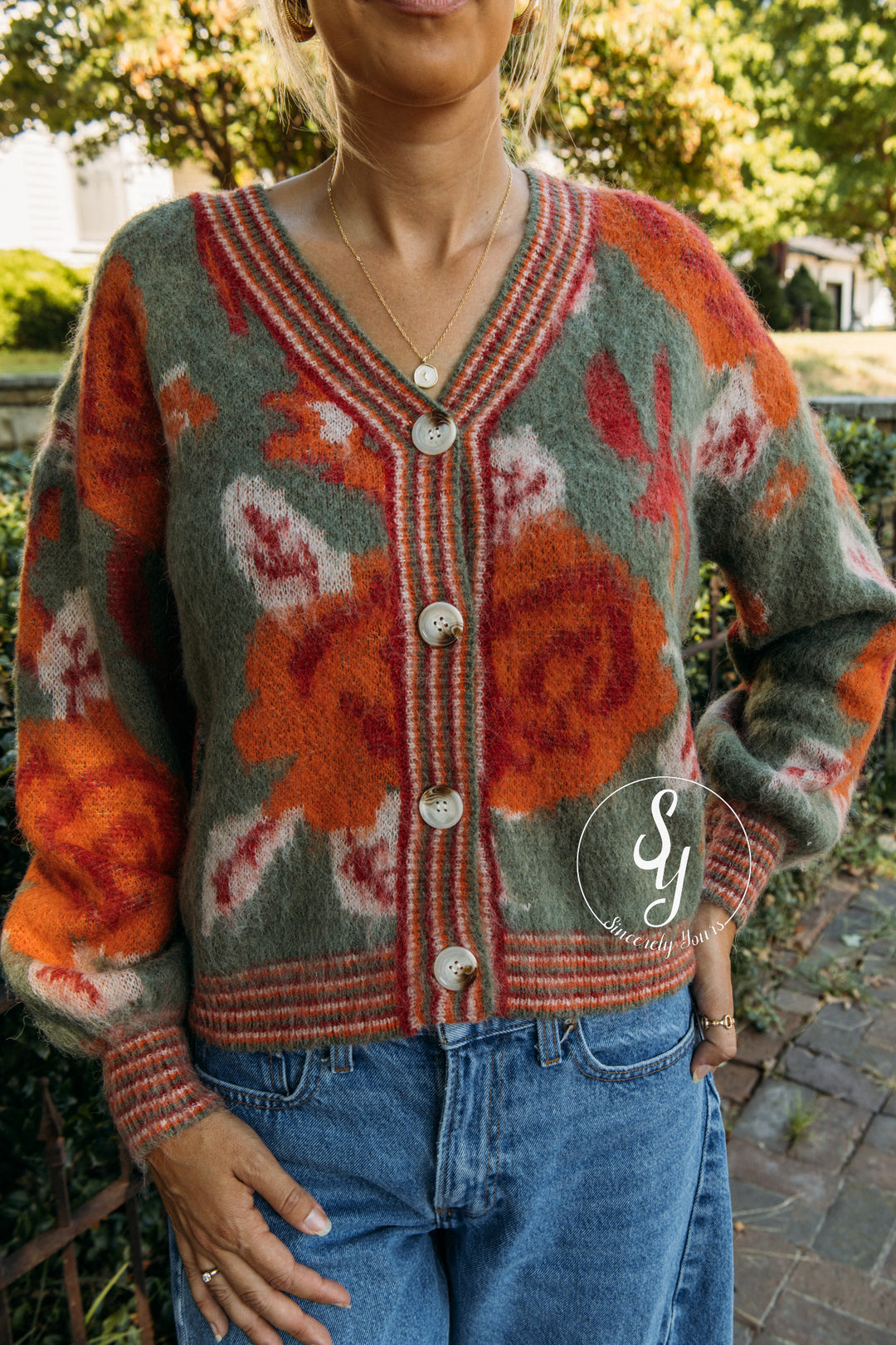 Vintage Flower Cardigan - Olive Combo