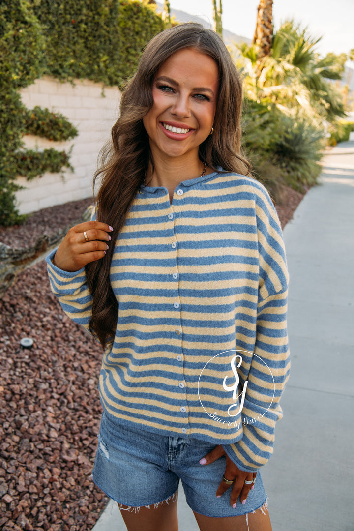 Lines Of Chic Sweater -  Lt Blue/Butter