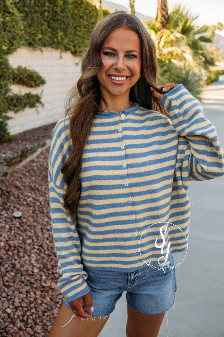 Lines Of Chic Sweater -  Lt Blue/Butter