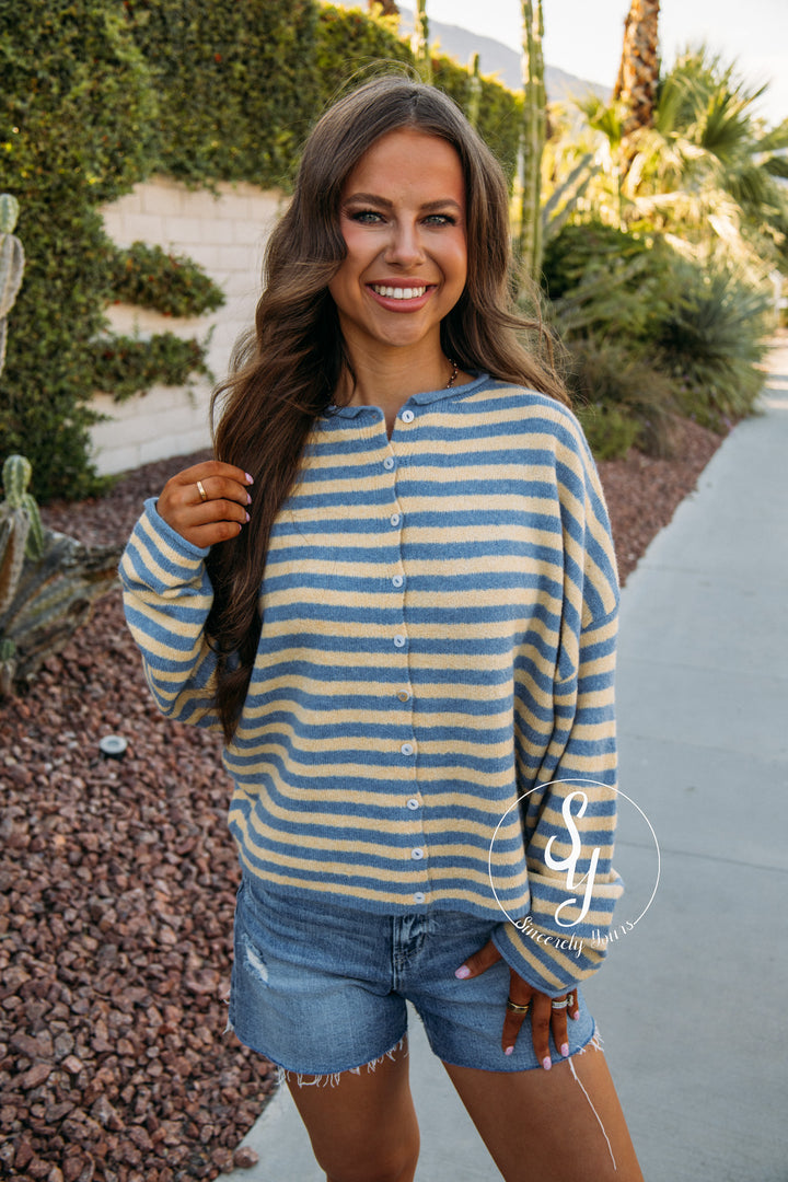 Lines Of Chic Sweater -  Lt Blue/Butter