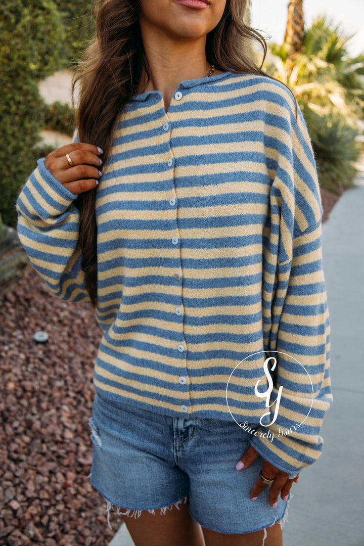 Lines Of Chic Sweater -  Lt Blue/Butter