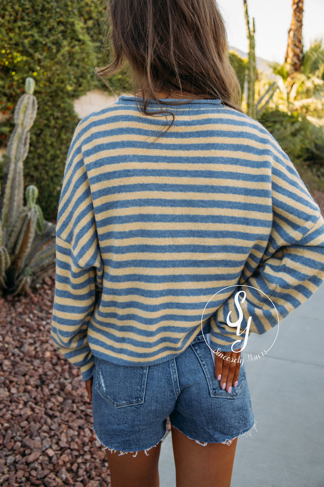 Lines Of Chic Sweater -  Lt Blue/Butter