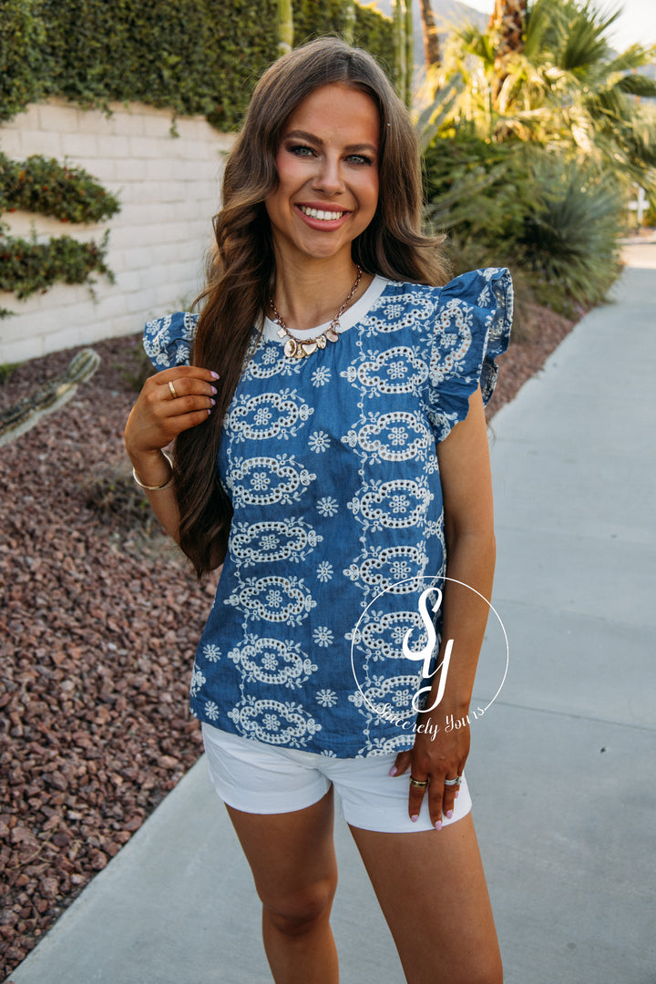 Ruffle Here Top - Denim Blue