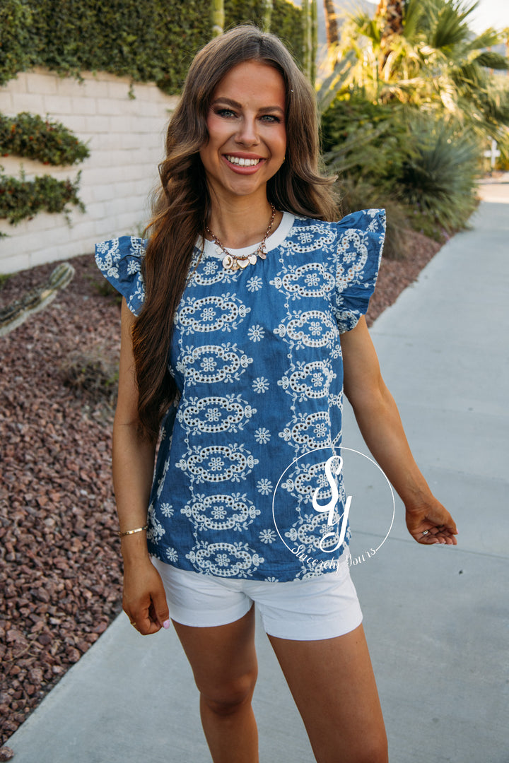 Ruffle Here Top - Denim Blue