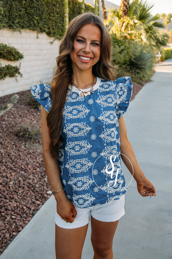 Ruffle Here Top - Denim Blue