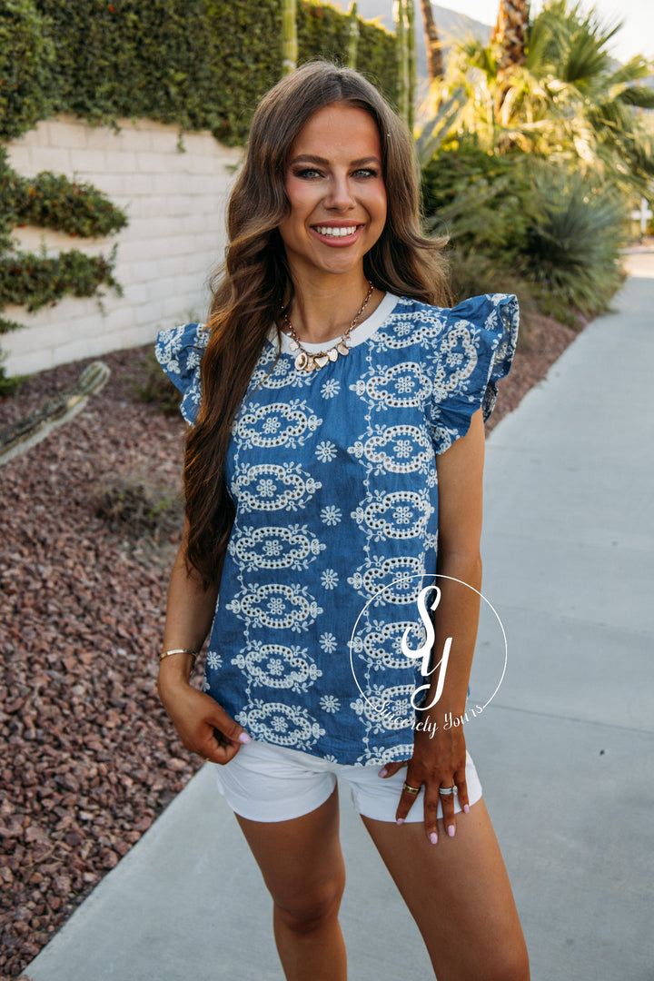 Ruffle Here Top - Denim Blue