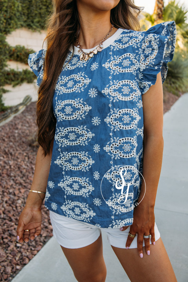 Ruffle Here Top - Denim Blue