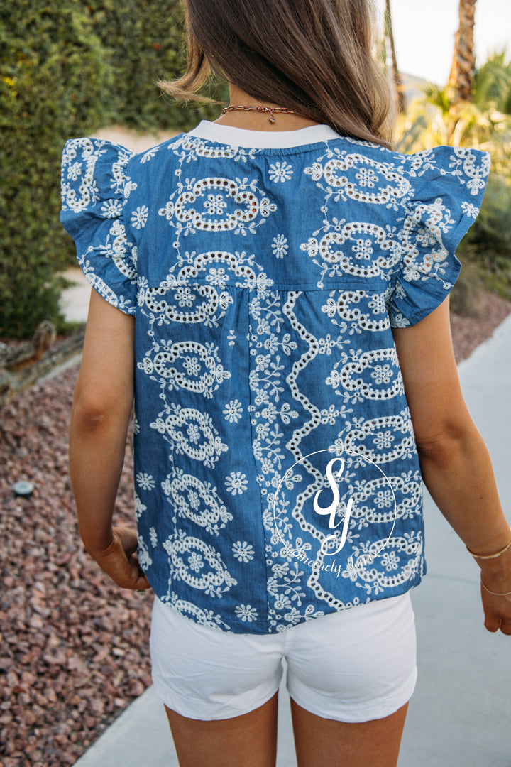 Ruffle Here Top - Denim Blue