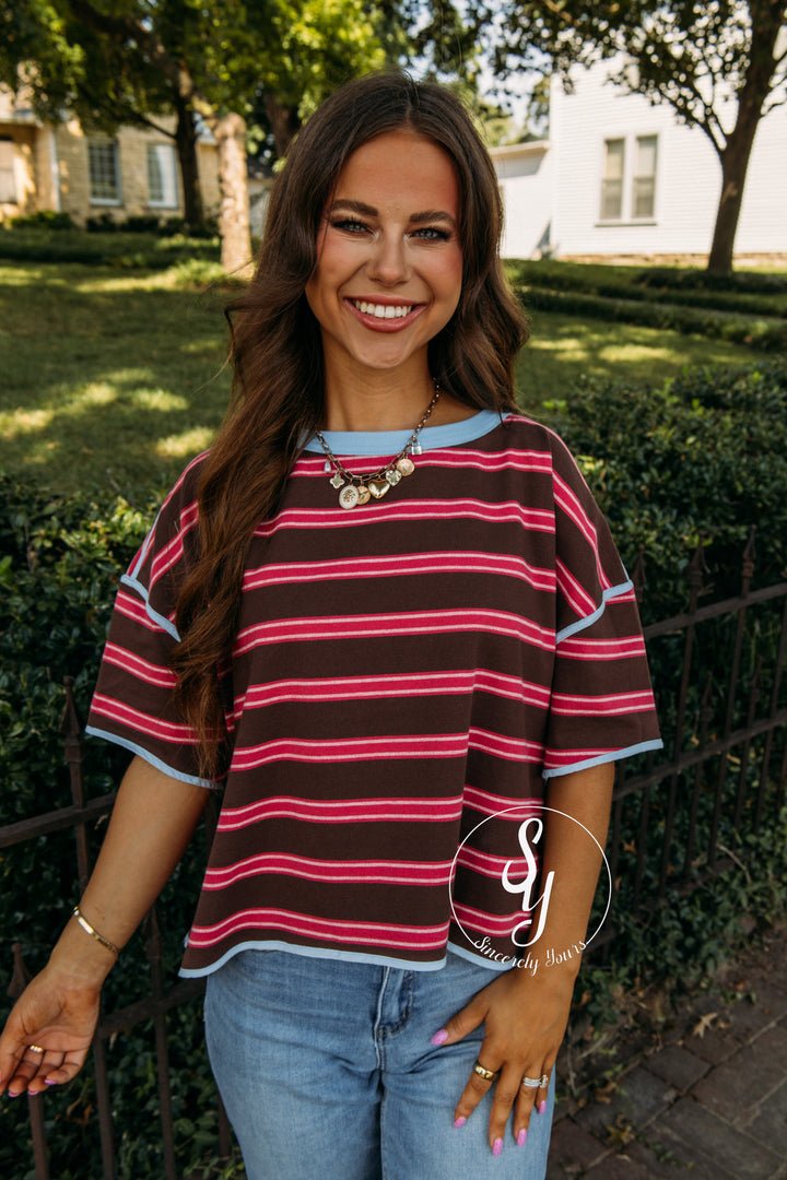 Stripe And Happy Top - Bubblegum Blue