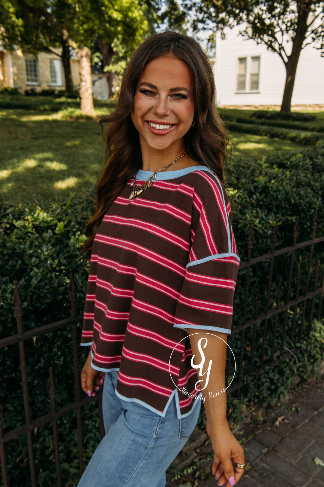 Stripe And Happy Top - Bubblegum Blue