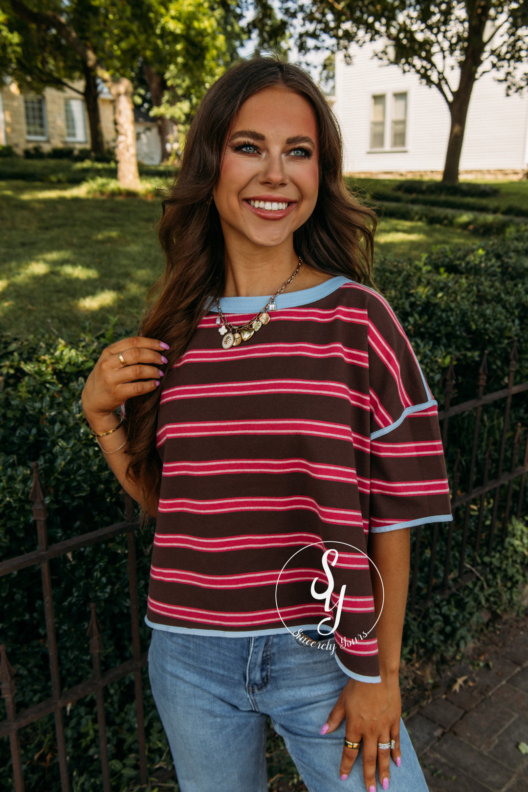 Stripe And Happy Top - Bubblegum Blue