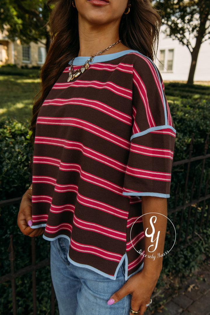 Stripe And Happy Top - Bubblegum Blue