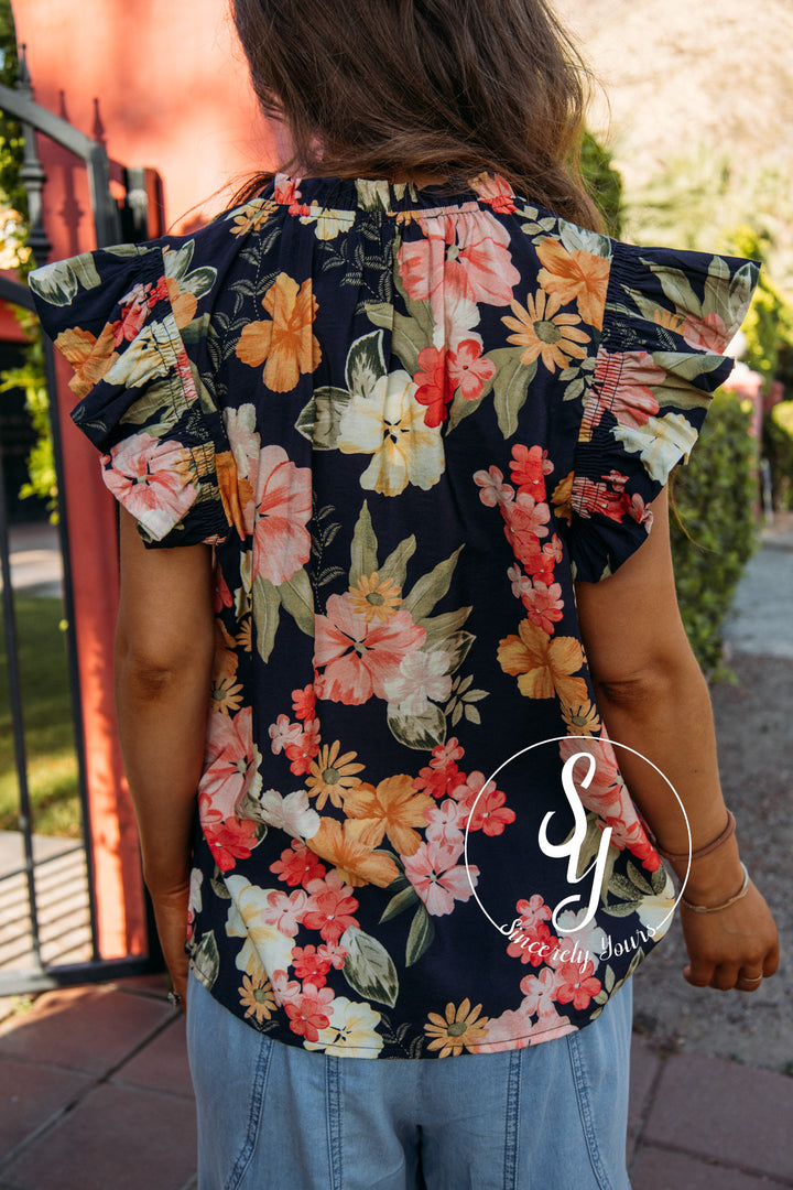 Ruffled Flower Top - Navy Multi