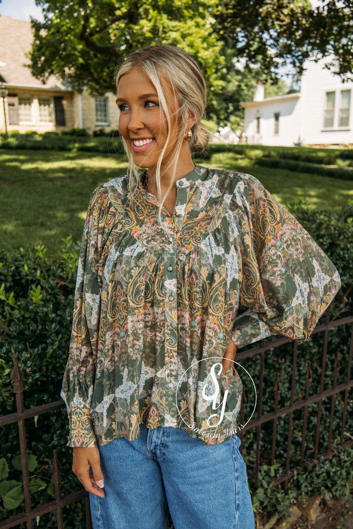 Fall In Bloom Blouse- Olive Green