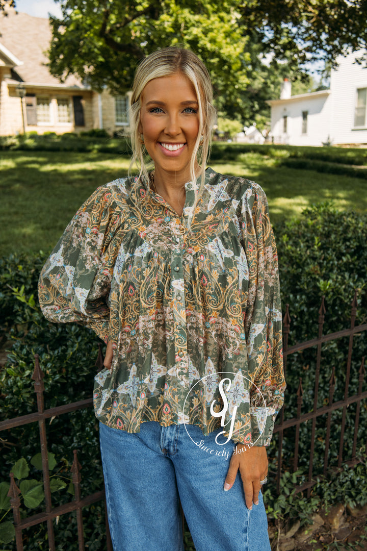 Fall In Bloom Blouse- Olive Green