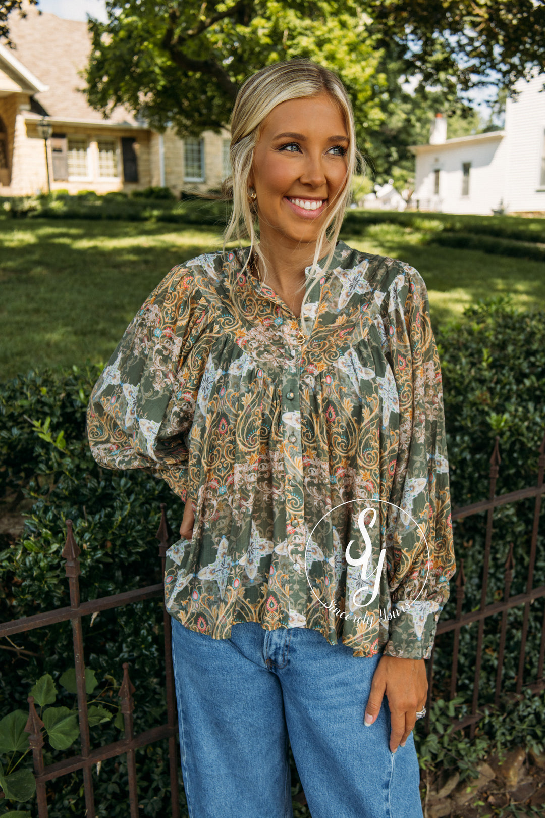 Fall In Bloom Blouse- Olive Green