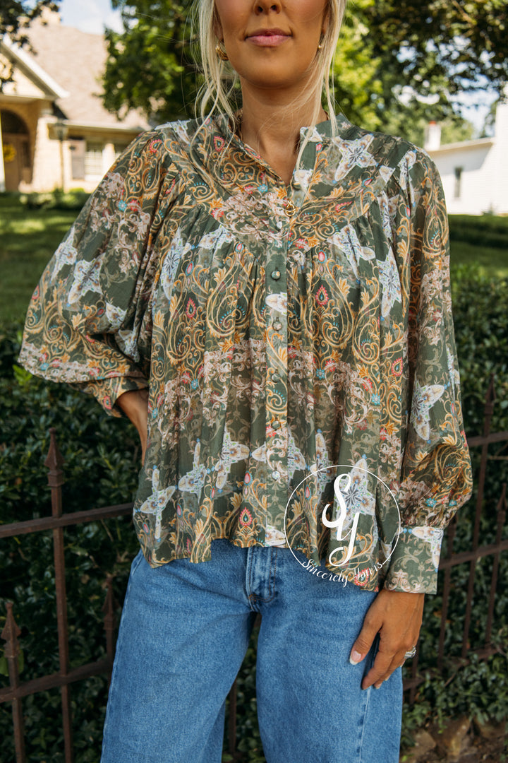 Fall In Bloom Blouse- Olive Green