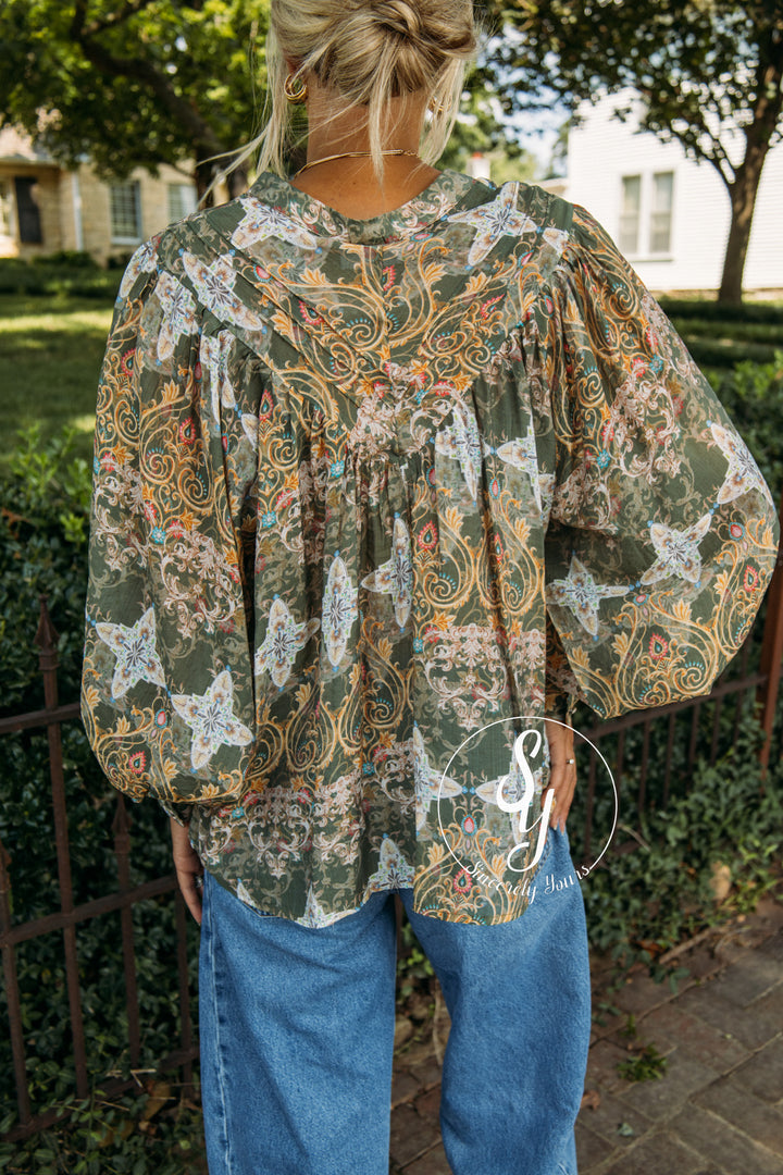 Fall In Bloom Blouse- Olive Green