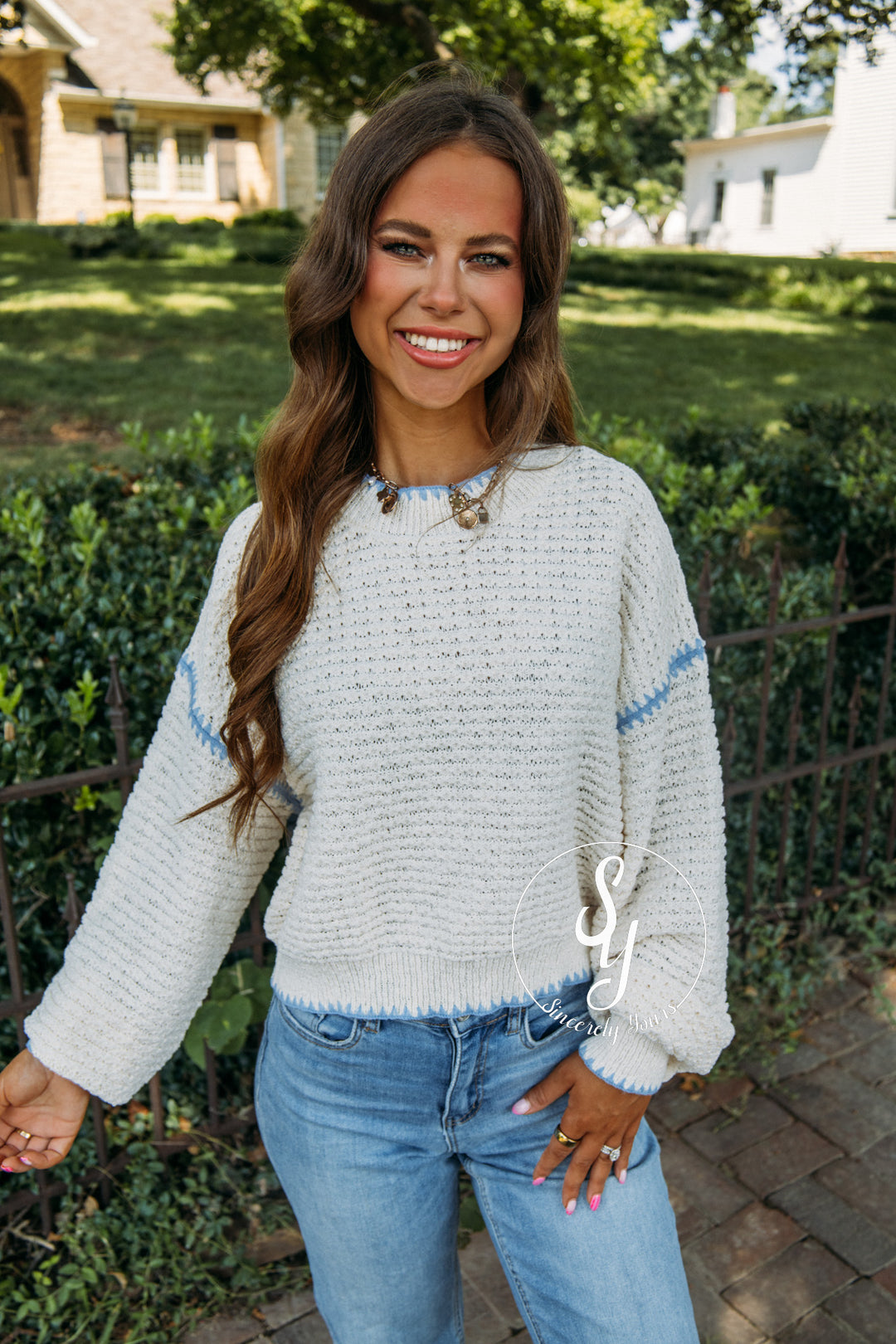 Cozy And Collected Sweater - Cream Blue