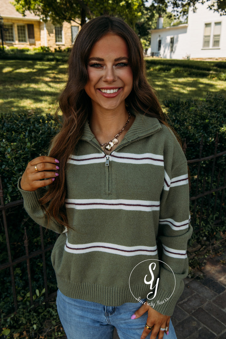 Cozy Striped Season Sweater - Olive/ Cream