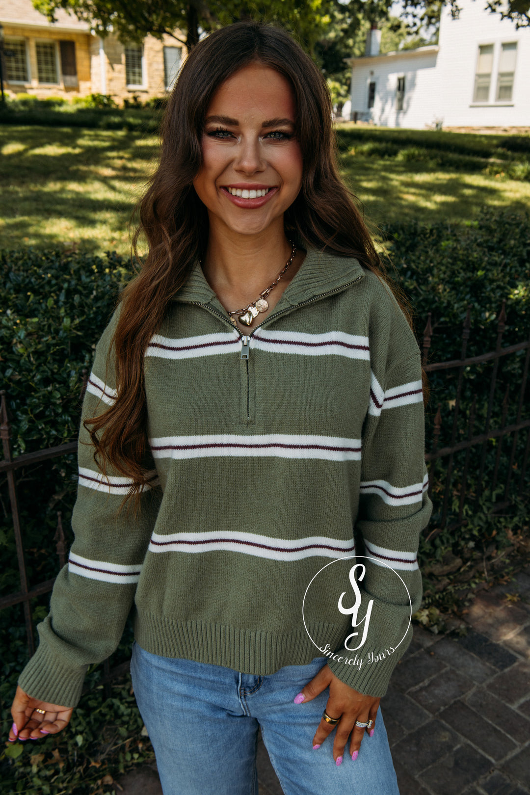 Cozy Striped Season Sweater - Olive/ Cream