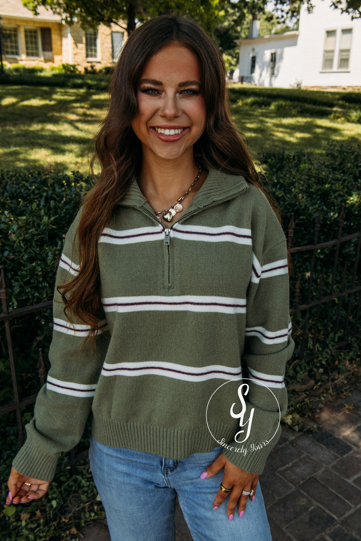 Cozy Striped Season Sweater - Olive/ Cream
