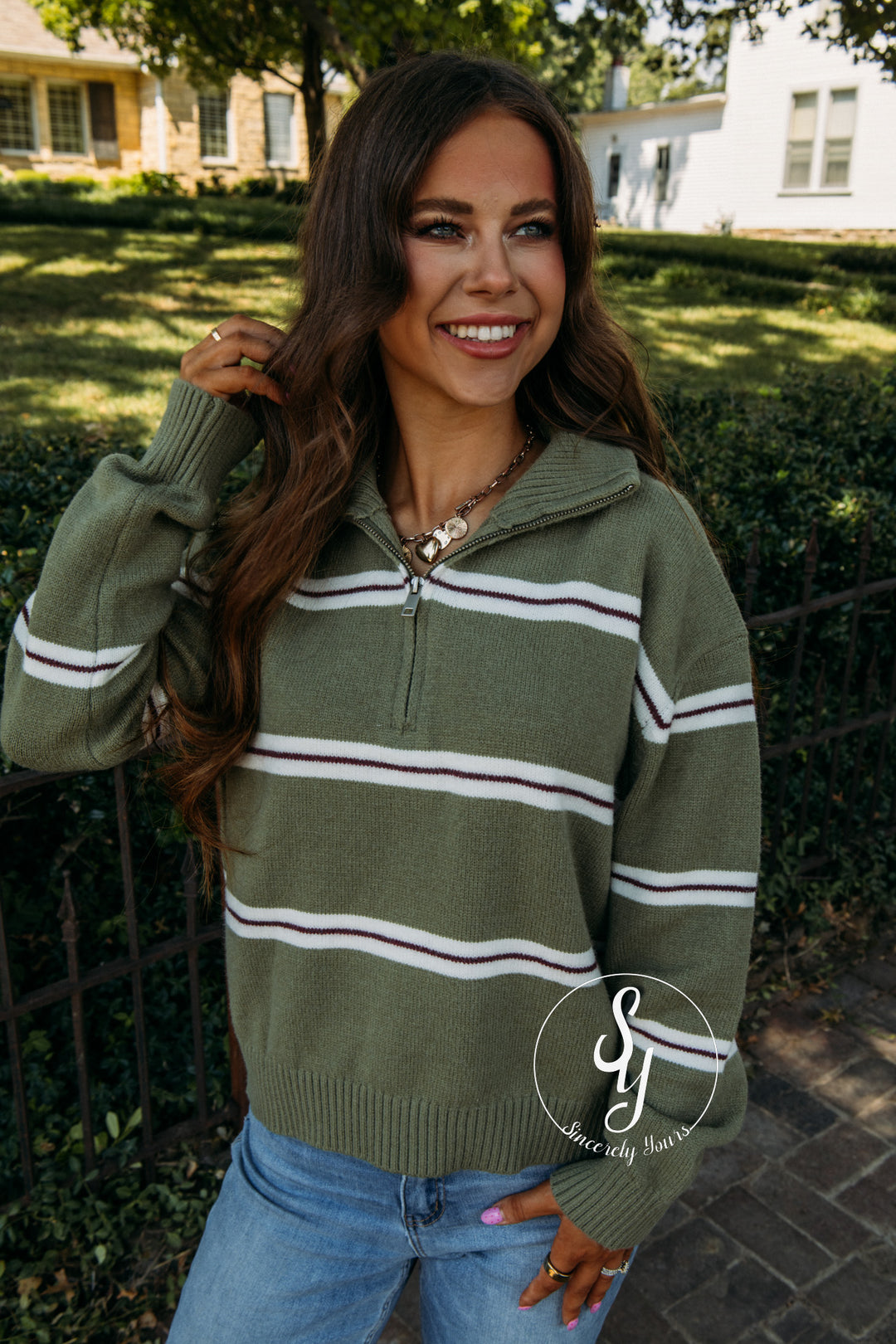 Cozy Striped Season Sweater - Olive/ Cream