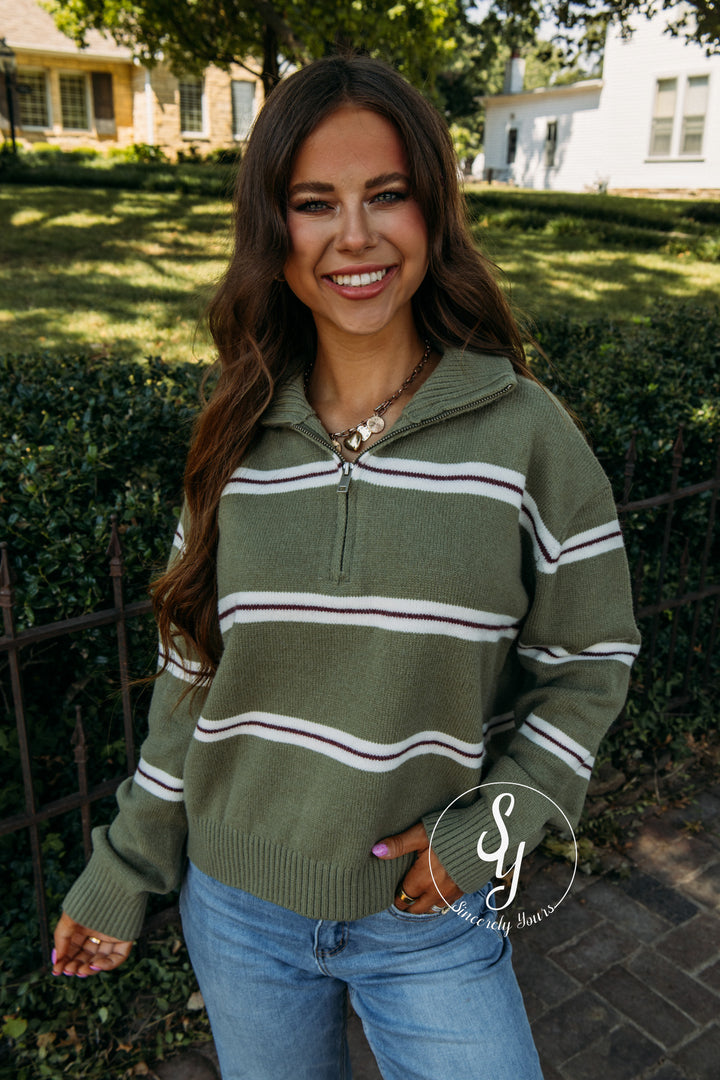 Cozy Striped Season Sweater - Olive/ Cream