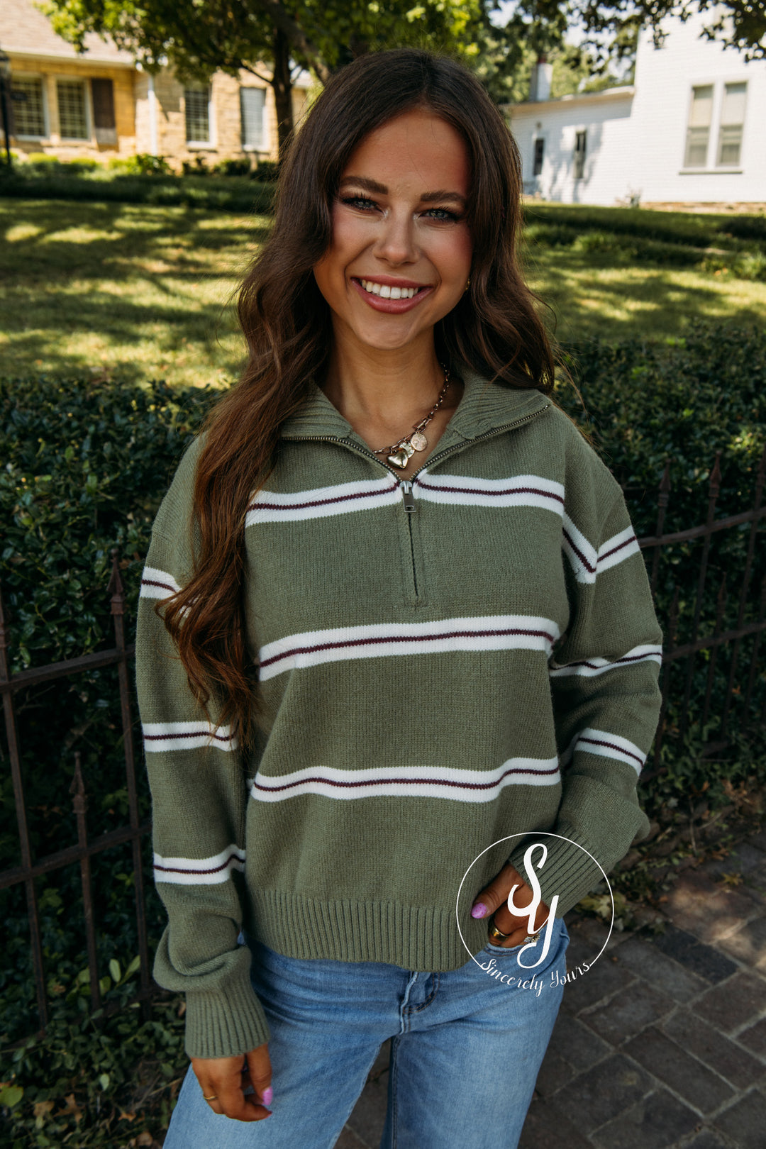 Cozy Striped Season Sweater - Olive/ Cream