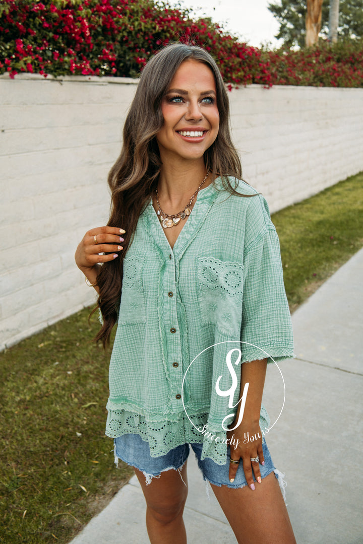 Meadows Full Of Eyelet  Top - Juniper Green