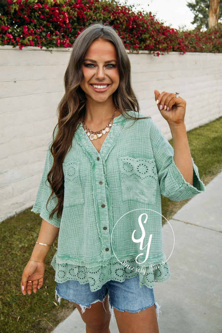 Meadows Full Of Eyelet  Top - Juniper Green