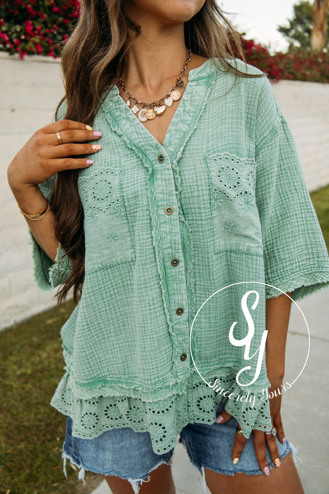 Meadows Full Of Eyelet  Top - Juniper Green