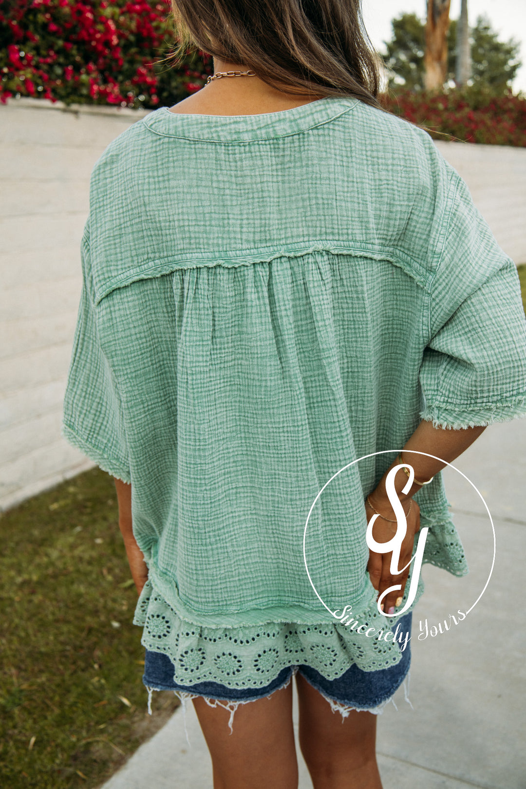 Meadows Full Of Eyelet  Top - Juniper Green