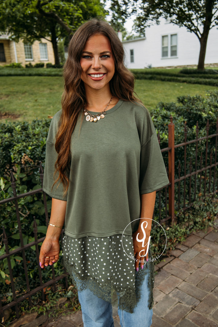 Lace And Dots Top - Olive