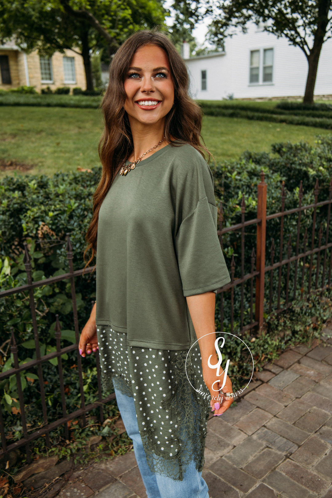 Lace And Dots Top - Olive